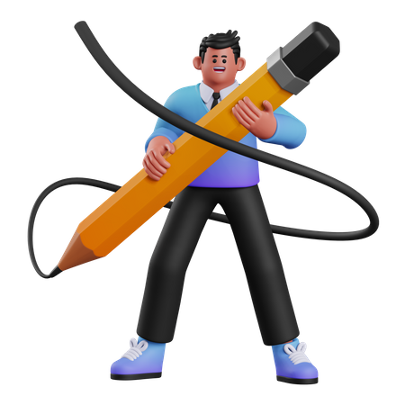 Businessman Hold Big Pencil 3D Illustration