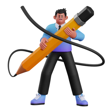 Businessman Hold Big Pencil 3D Illustration