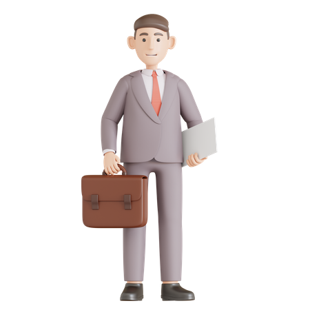 Businessman Hold Briefcase and Book Presentation  3D Illustration