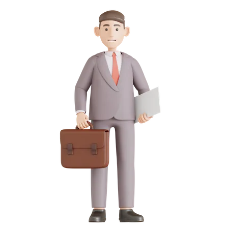 Businessman Hold Briefcase and Book Presentation  3D Illustration