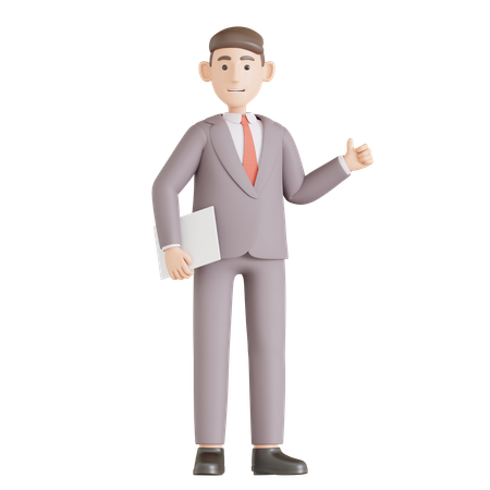Businessman Hold Paper and Good Hand Gesture  3D Icon