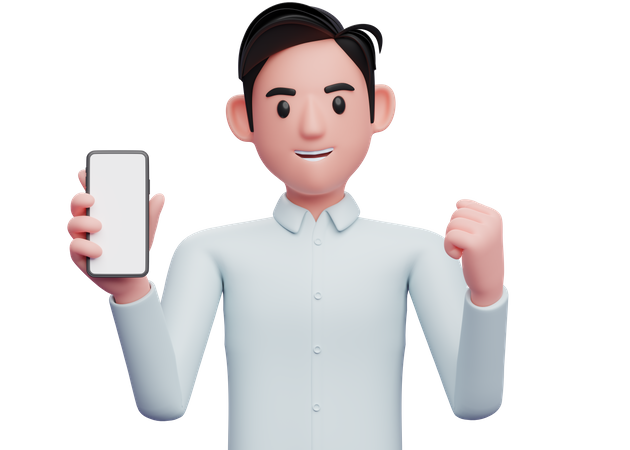 Businessman holding a cell phone while celebrating  3D Illustration