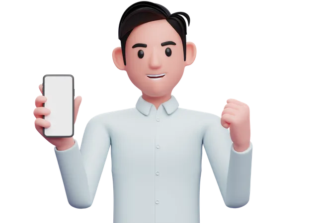 Businessman holding a cell phone while celebrating  3D Illustration