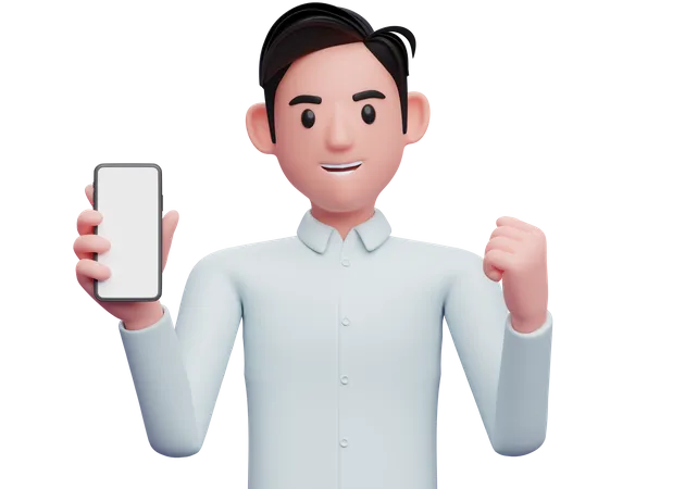 Businessman holding a cell phone while celebrating 3D Illustration
