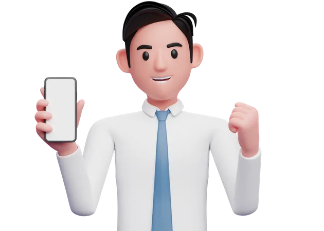 Businessman holding a cell phone while celebrating clenching his fist  3D Illustration