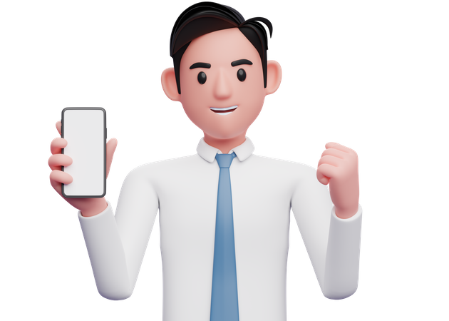 Businessman holding a cell phone while celebrating clenching his fist  3D Illustration