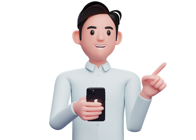 Businessman holding a cell phone while pointing to the side choosing something  3D Icon