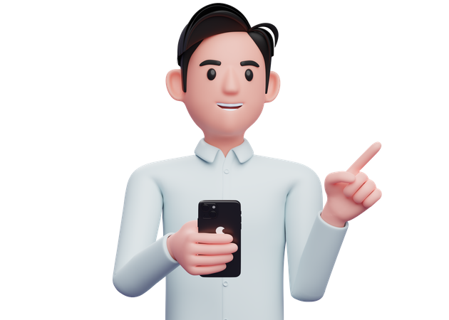 Businessman holding a cell phone while pointing to the side choosing something  3D Illustration