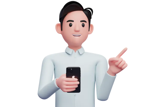 Businessman holding a cell phone while pointing to the side choosing something  3D Illustration