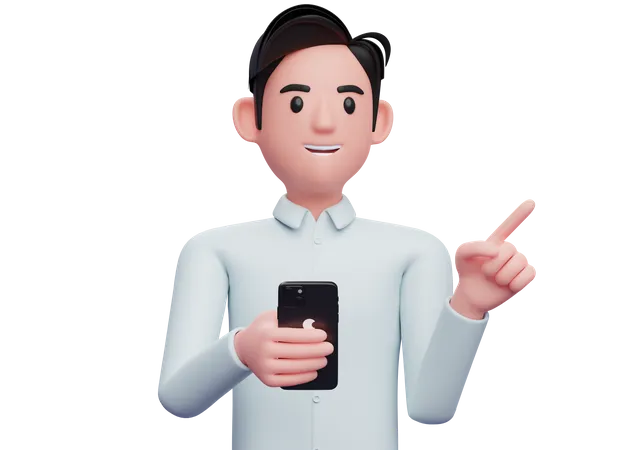Businessman holding a cell phone while pointing to the side choosing something 3D Illustration