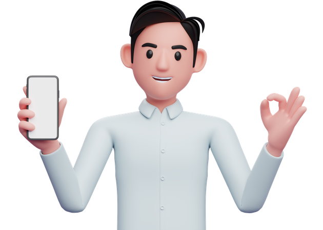 Businessman holding a cell phone while showing ok gesture  3D Icon