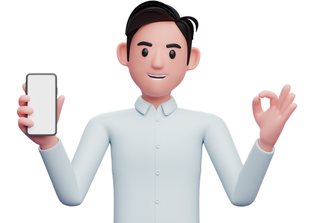 Businessman holding a cell phone while showing ok gesture 3D Illustration