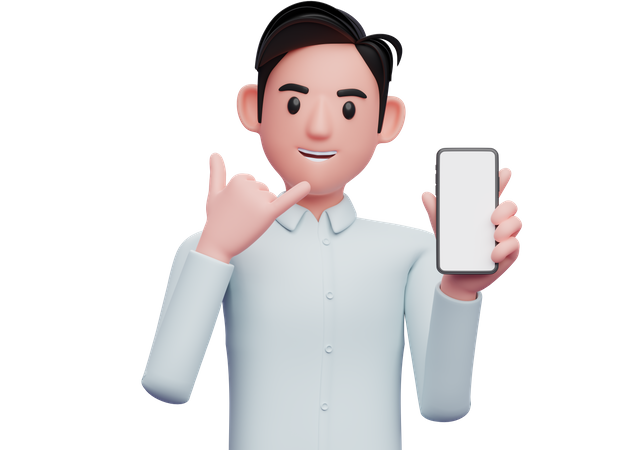 Businessman holding a cell phone with the gesture call me sign finger  3D Icon