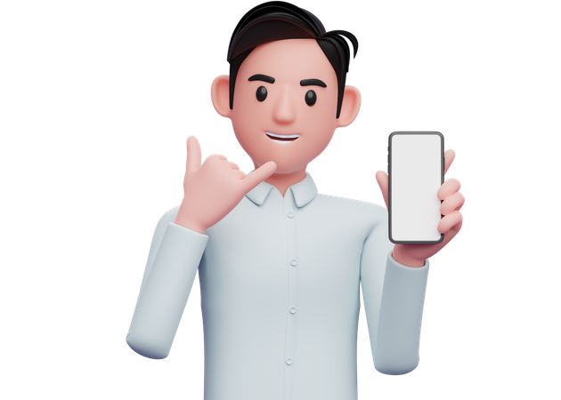 Businessman holding a cell phone with the gesture call me sign finger 3D Illustration