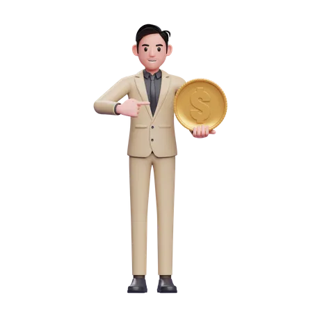 Businessman holding a coin and pointing it  3D Illustration