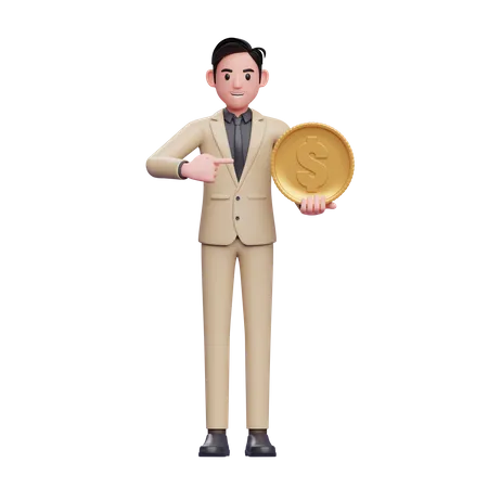 Businessman holding a coin and pointing it 3D Illustration