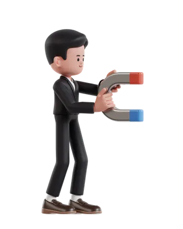 3 D Illustration Of Cartoon Businessman Holding A Magnet Attracting Profits 3D Illustration