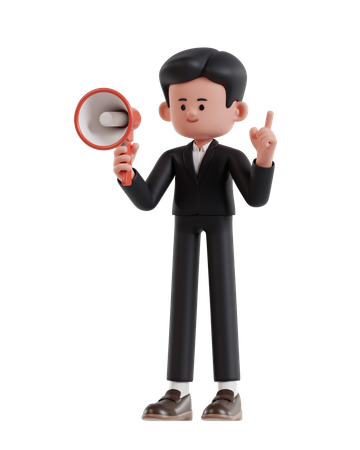 Businessman Holding A Megaphone While Raising A Finger  3D Icon