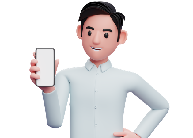 Businessman holding and looking phone with left hand on waist  3D Icon