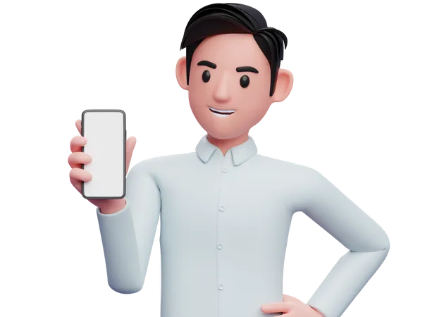 Businessman holding and looking phone with left hand on waist  3D Illustration