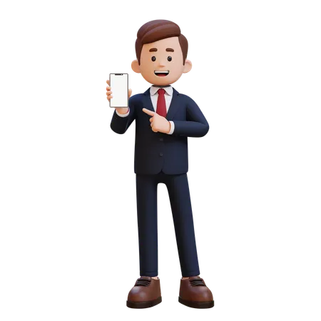 3 D Businessman Character Holding And Pointing To A Smart Phone With Empty Screen 3D Illustration