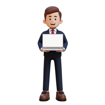 Businessman Holding And Presenting Laptop With Empty Screen  3D Illustration