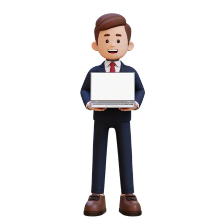 Businessman Holding And Presenting Laptop With Empty Screen  3D Illustration