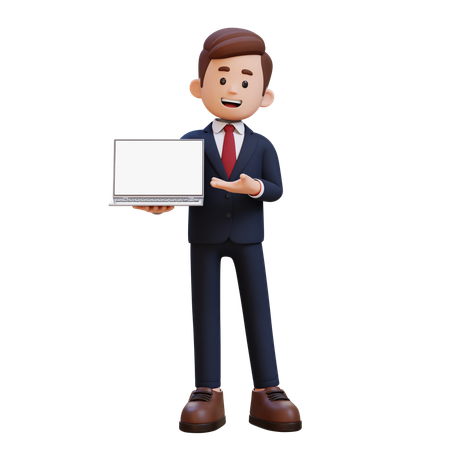 Businessman Holding And Presenting To Laptop With Empty Screen  3D Illustration