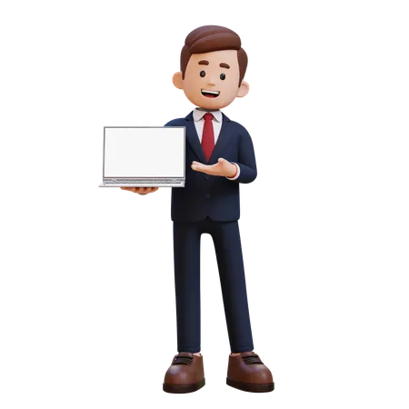 Businessman Holding And Presenting To Laptop With Empty Screen  3D Illustration