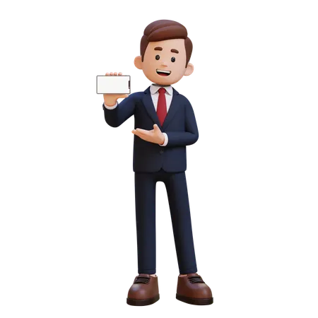 Businessman Holding And Presenting To Smart Phone With Empty Screen In Landscape  3D Illustration