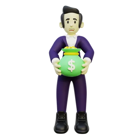 Businessman Holding Bag Of Money  3D Illustration