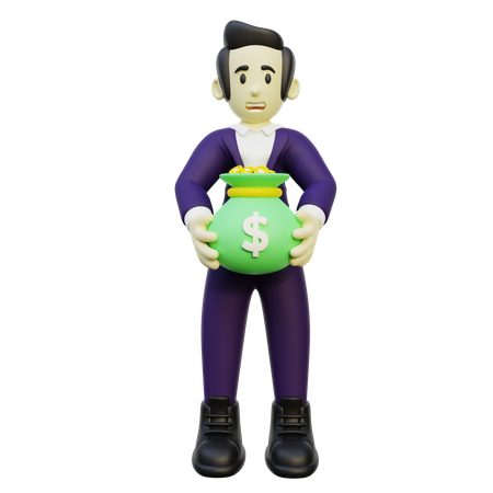 Businessman Holding Bag Of Money 3D Illustration