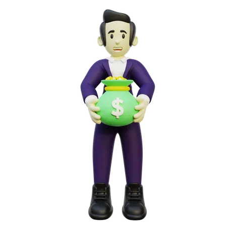 Businessman Holding Bag Of Money 3D Illustration