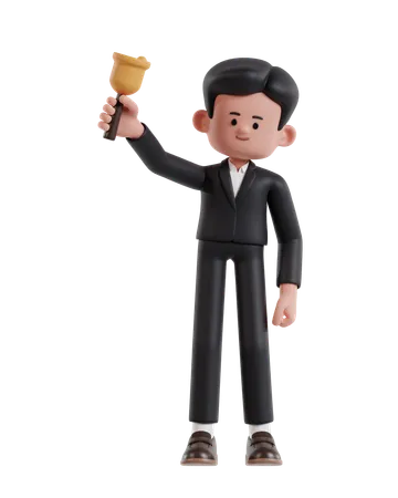 3 D Illustration Of Cartoon Businessman Holding Bell To Remind 3D Illustration