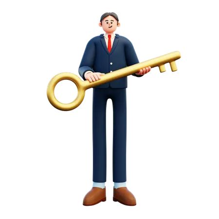 Businessman Holding Big Key  3D Illustration