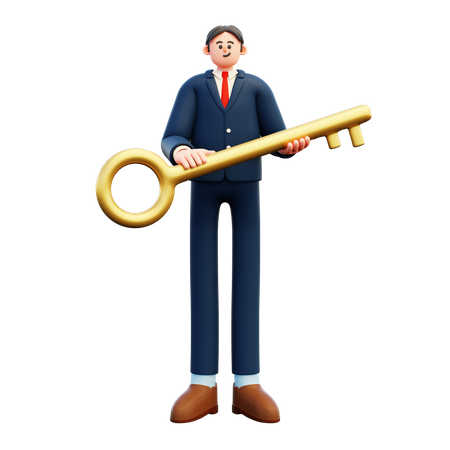 Businessman Holding Big Key  3D Illustration