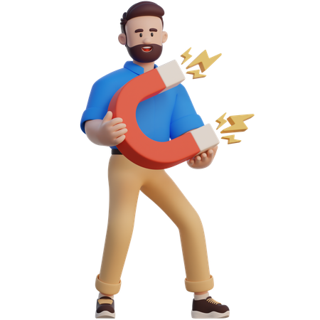 Businessman Holding Big Magnet  3D Illustration