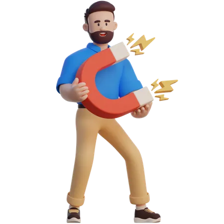 Businessman Holding Big Magnet  3D Illustration