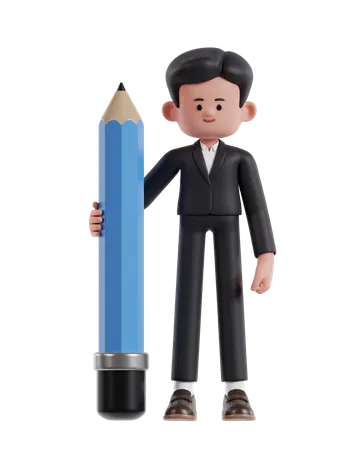3 D Illustration Of Cartoon Businessman Holding Big Pencil 3D Illustration