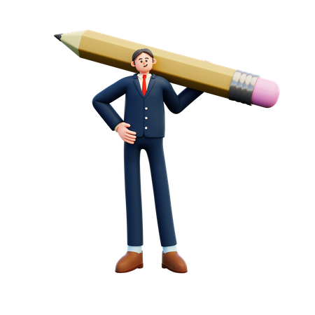 Businessman Holding Big Pencil  3D Illustration