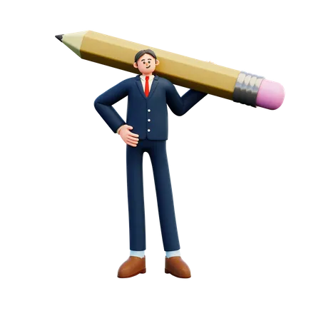 Businessman Holding Big Pencil  3D Illustration