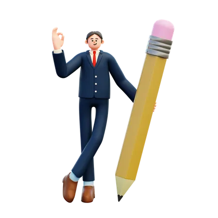 Businessman Holding Big Pencil And Showing Ok Gesture  3D Illustration