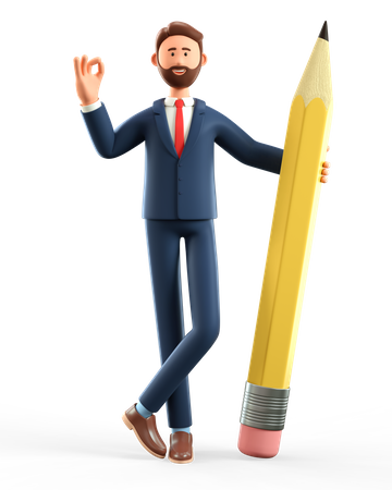 Businessman holding big pencil and showing ok gesture  3D Illustration