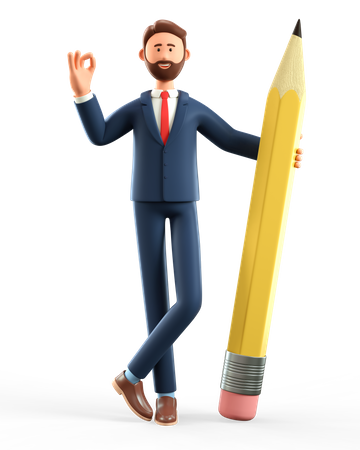 Businessman holding big pencil and showing ok gesture 3D Illustration