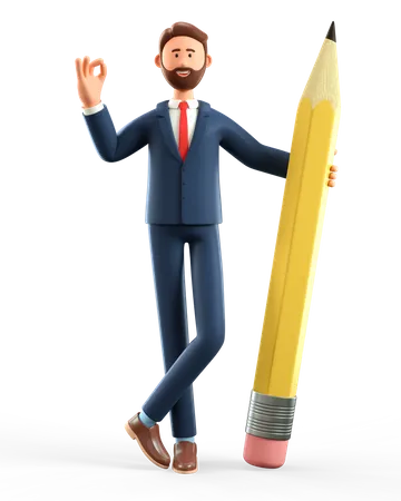 3 D Illustration Of Smiling Creative Man Holding Big Pencil And Showing Ok Gesture Cartoon Standing Bearded Businessman With Okay Sign And Giant Pen 3D Illustration