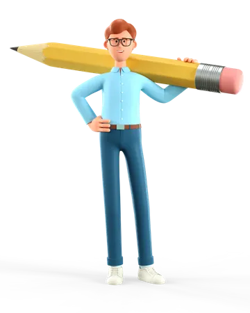 Businessman holding big pencil on shoulder  3D Illustration