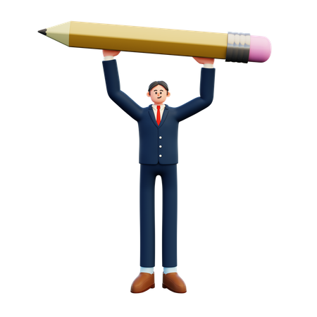 Businessman Holding Big Pencil Over Head  3D Illustration