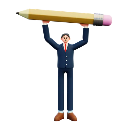 Businessman Holding Big Pencil Over Head  3D Illustration