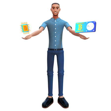 Businessman holding bitcoin chip  3D Illustration