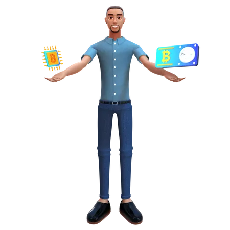 Businessman holding bitcoin chip  3D Illustration